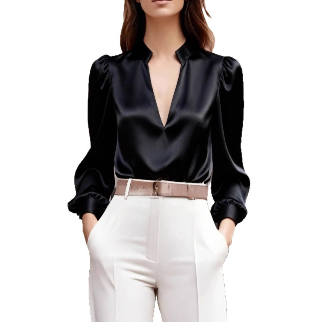 Solid Satin Blouse with Notched V-Neck and Puff Sleeves