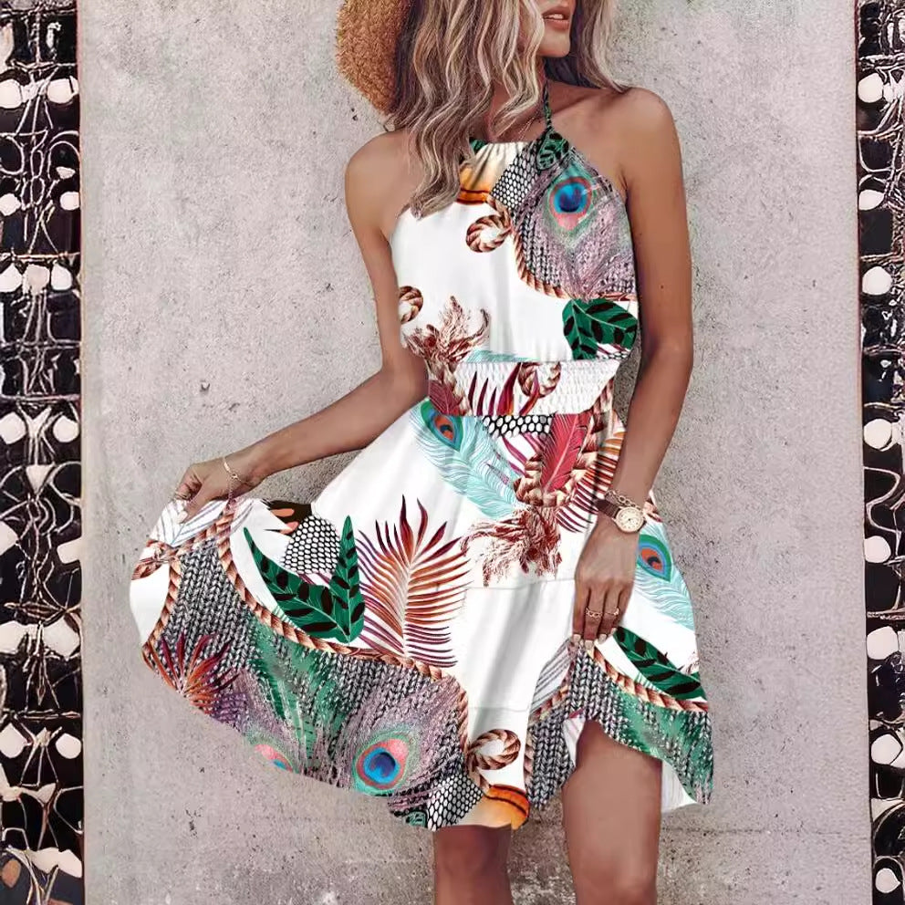 Vibrant Printed Dress with Halter Neck and Smocked Waist