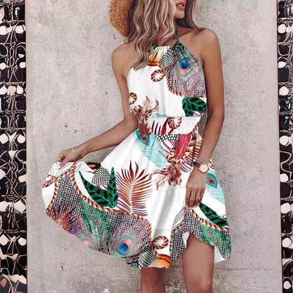 Vibrant Printed Dress with Halter Neck and Smocked Waist