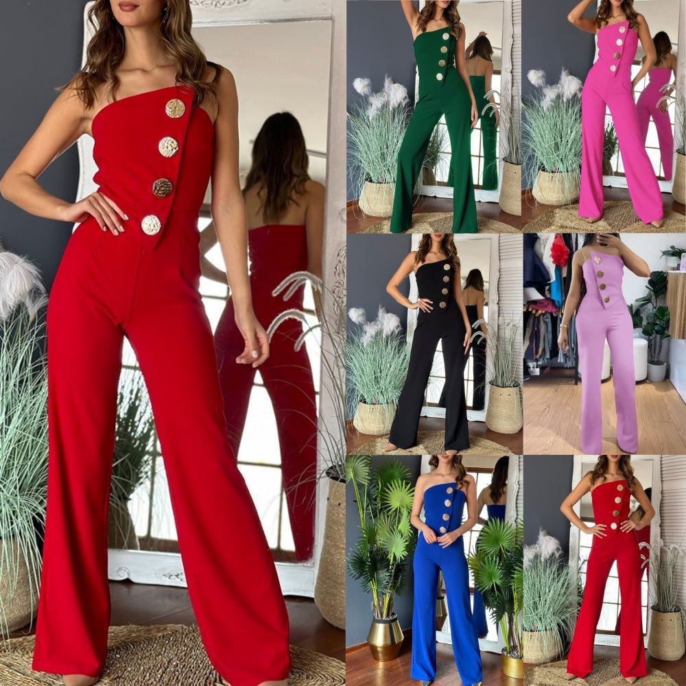 Strapless Wide-Leg Jumpsuit with Decorative Buttons