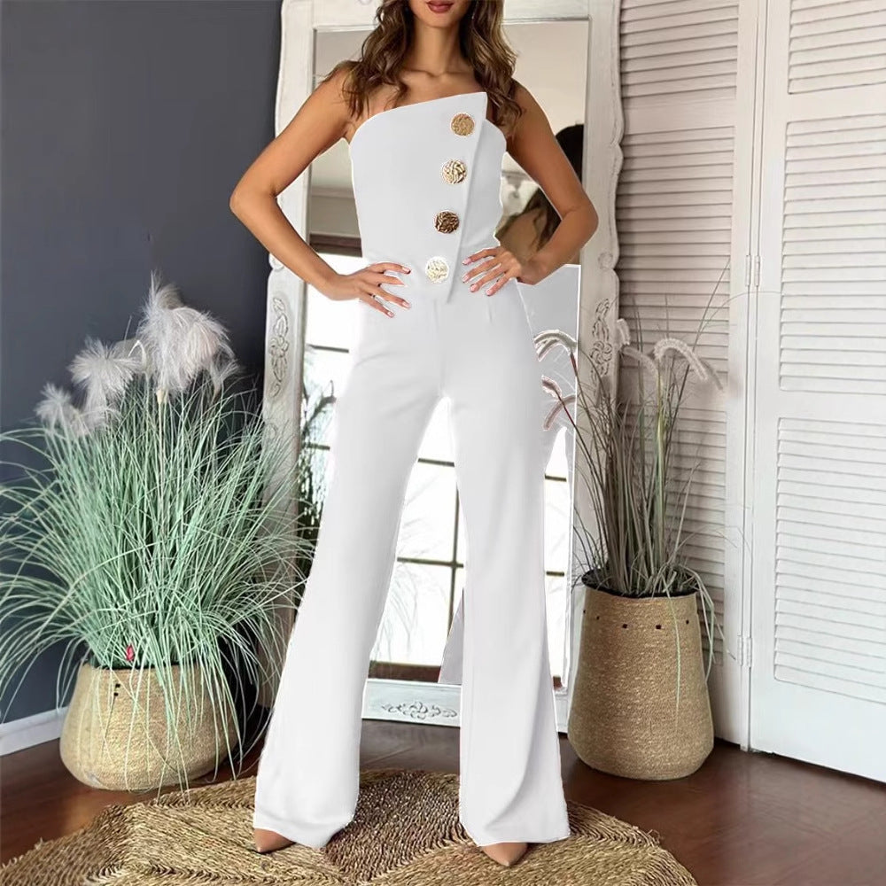 Strapless Wide-Leg Jumpsuit with Decorative Buttons