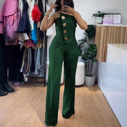 Strapless Wide-Leg Jumpsuit with Decorative Buttons