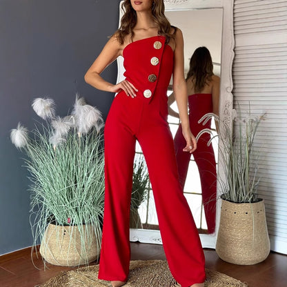 Strapless Wide-Leg Jumpsuit with Decorative Buttons