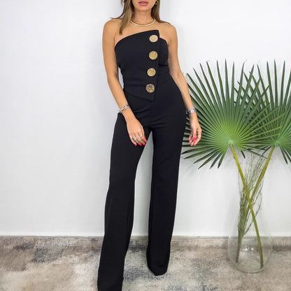 Strapless Wide-Leg Jumpsuit with Decorative Buttons