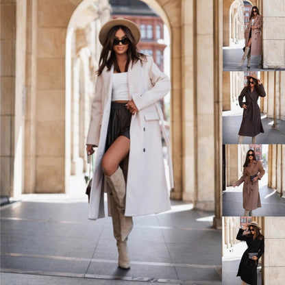 Solid Long Trench Coat with Belt and Lapel Collar