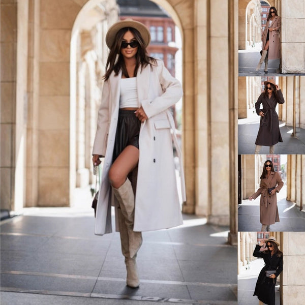 Solid Long Trench Coat with Belt and Lapel Collar