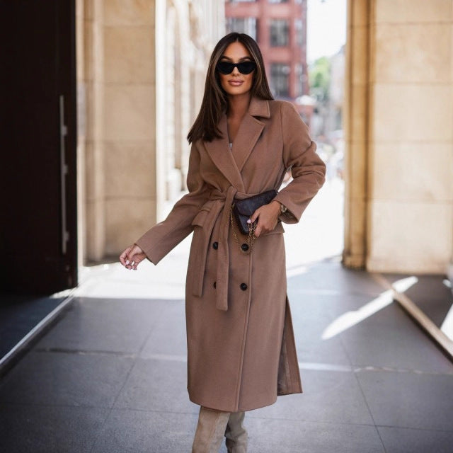 Solid Long Trench Coat with Belt and Lapel Collar