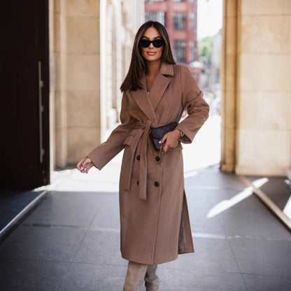 Solid Long Trench Coat with Belt and Lapel Collar
