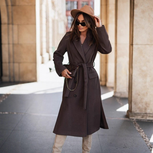 Solid Long Trench Coat with Belt and Lapel Collar
