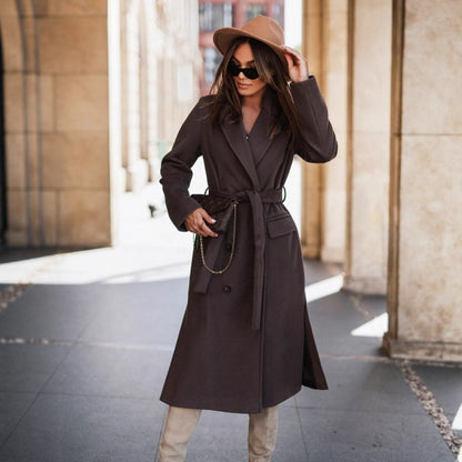 Solid Long Trench Coat with Belt and Lapel Collar