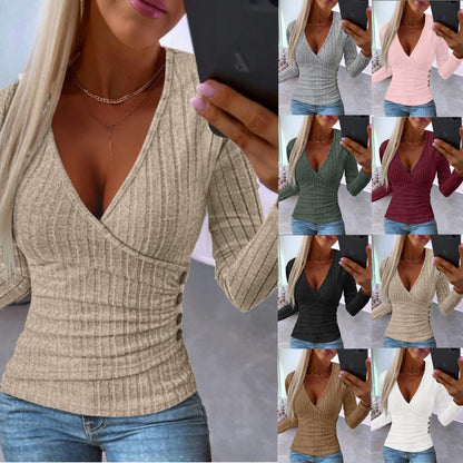 Slim Fit Ribbed Knit Pullover with Faux Wrap V-Neck and Ruched Sides
