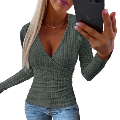 Slim Fit Ribbed Knit Pullover with Faux Wrap V-Neck and Ruched Sides