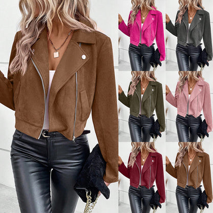Cropped Suede Moto Jacket with Zipper Front