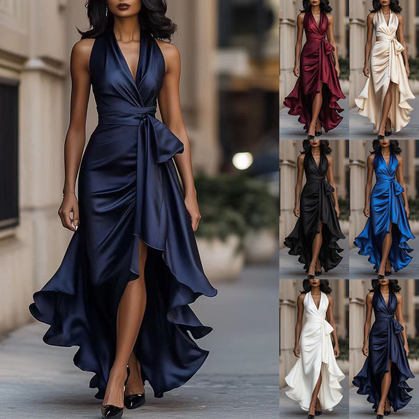 Satin Halter V-Neck Dress with Ruffled High-Low Hem