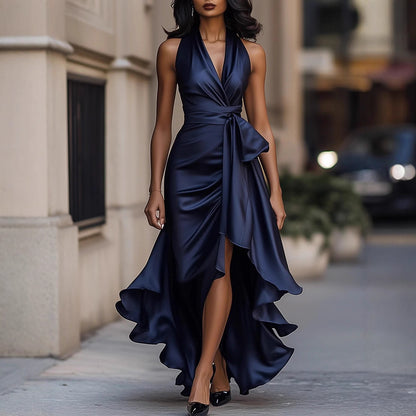 Satin Halter V-Neck Dress with Ruffled High-Low Hem