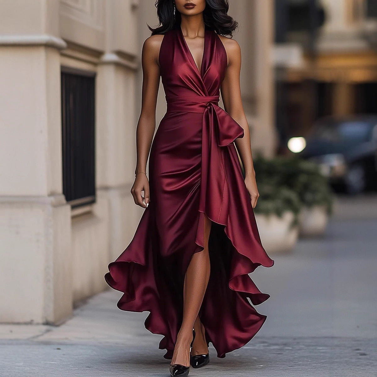 Satin Halter V-Neck Dress with Ruffled High-Low Hem