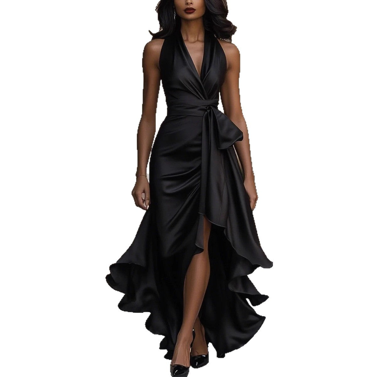 Satin Halter V-Neck Dress with Ruffled High-Low Hem