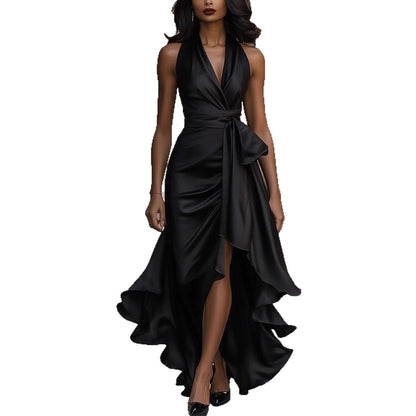 Satin Halter V-Neck Dress with Ruffled High-Low Hem