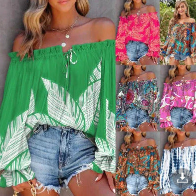 Leaf Print Off-Shoulder Blouse with Balloon Sleeves