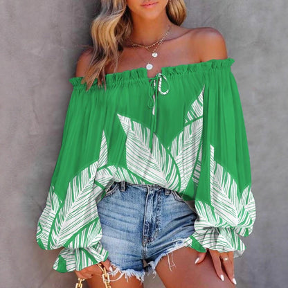 Leaf Print Off-Shoulder Blouse with Balloon Sleeves