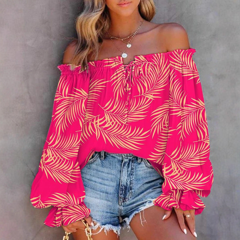 Leaf Print Off-Shoulder Blouse with Balloon Sleeves