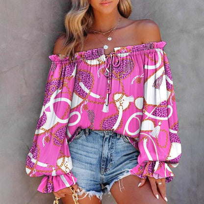Leaf Print Off-Shoulder Blouse with Balloon Sleeves