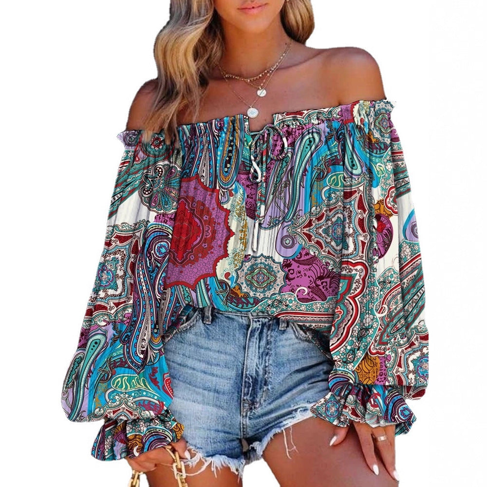 Leaf Print Off-Shoulder Blouse with Balloon Sleeves
