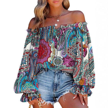 Leaf Print Off-Shoulder Blouse with Balloon Sleeves