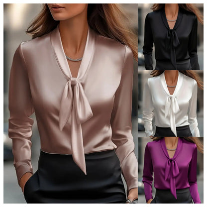 Satin Blouse with Scarf Collar and Long Sleeves