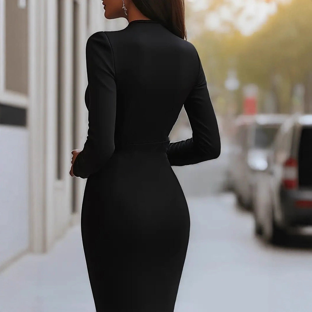 Sheath Midi Dress with Deep V-Neck and Long Sleeves