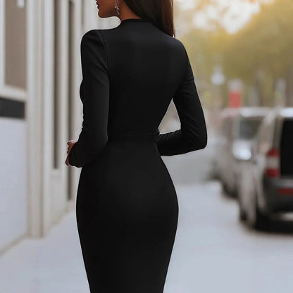 Sheath Midi Dress with Deep V-Neck and Long Sleeves