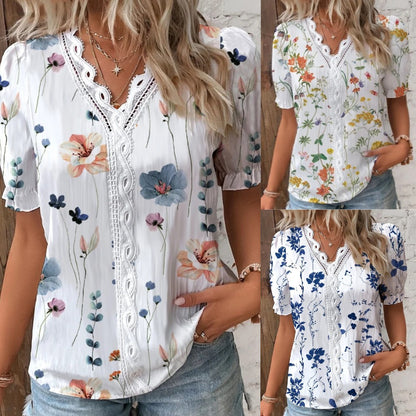 Floral Print Short Sleeve Shirt with Lace V-Neck
