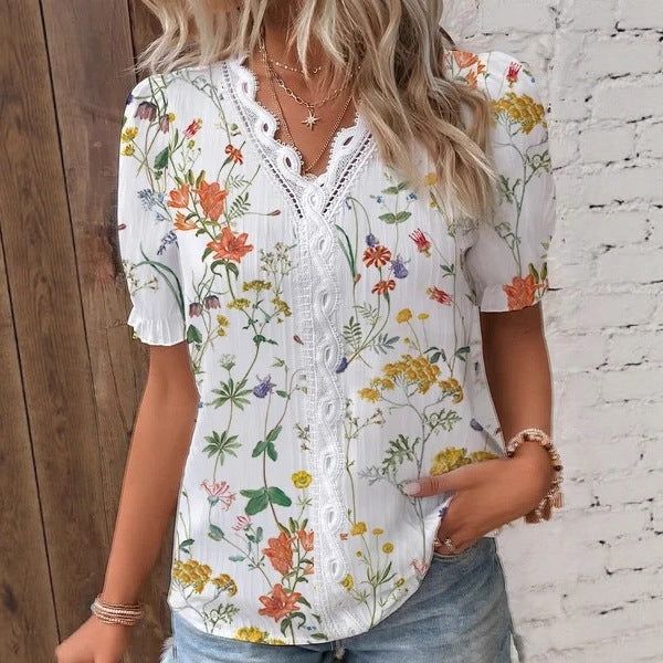 Floral Print Short Sleeve Shirt with Lace V-Neck