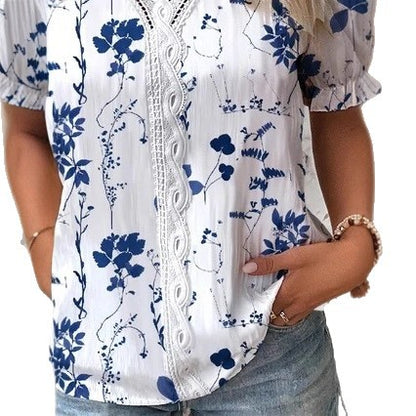 Floral Print Short Sleeve Shirt with Lace V-Neck