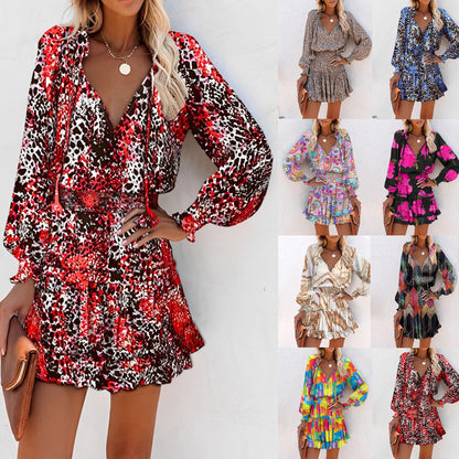Printed Ruffled Mini Dress with V-Neck and Lantern Sleeves