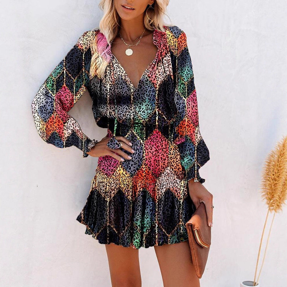 Printed Ruffled Mini Dress with V-Neck and Lantern Sleeves