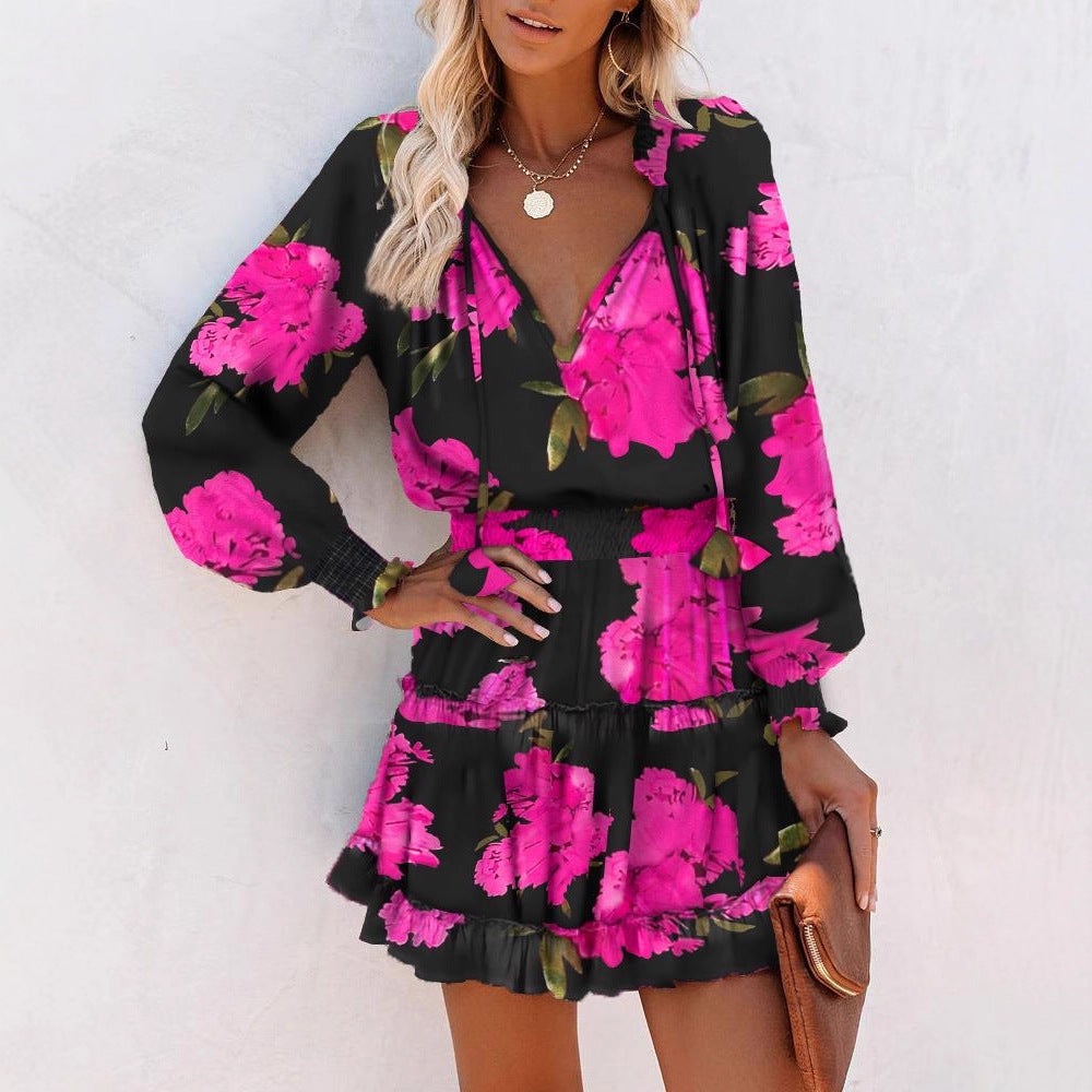 Printed Ruffled Mini Dress with V-Neck and Lantern Sleeves