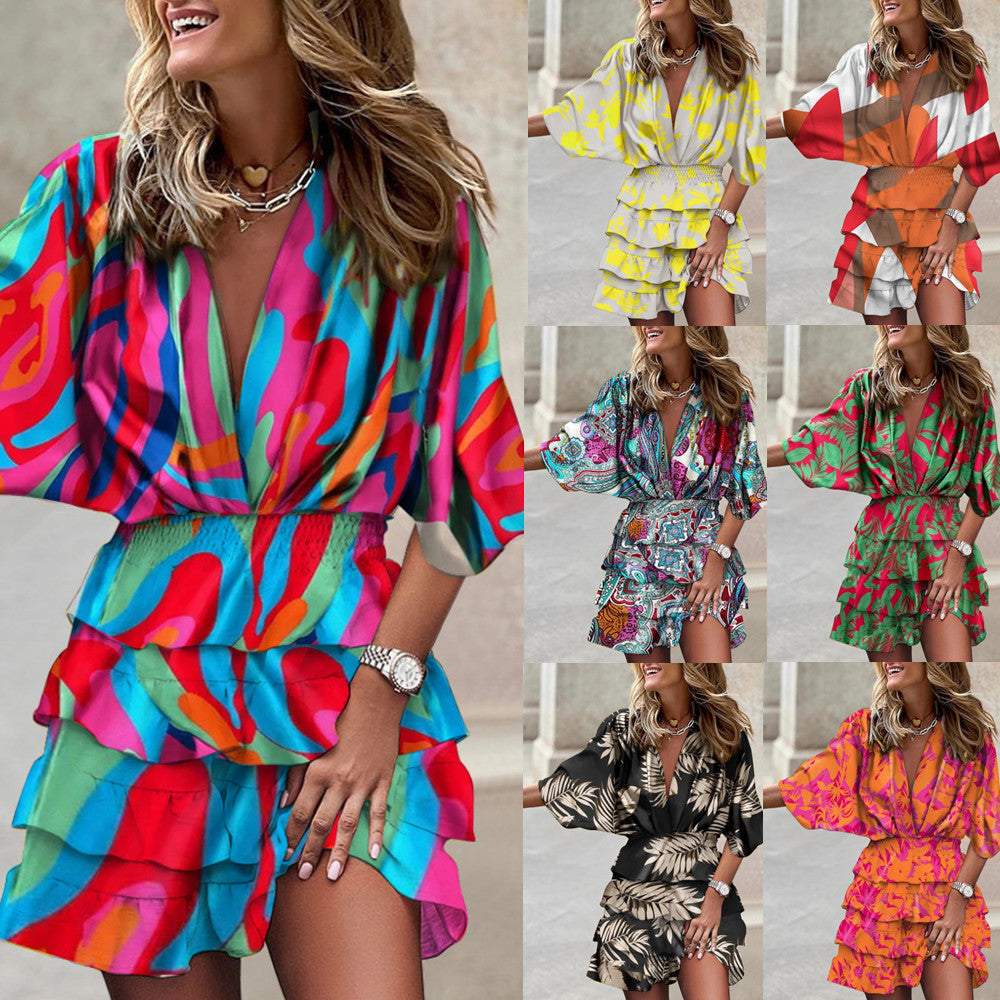 Tiered Mini Dress with Bat Sleeves and V-Neck