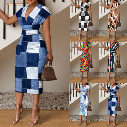 Printed Bodycon Midi Dress with V-Neck and Short Sleeves