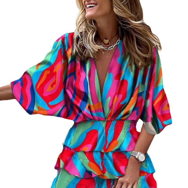 Tiered Mini Dress with Bat Sleeves and V-Neck