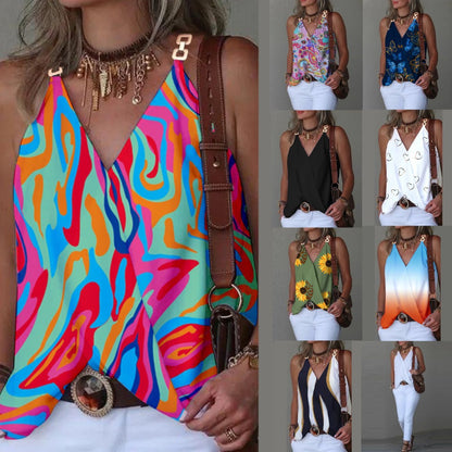 Printed Sleeveless Top with V-Neck and Metal Buckle Straps