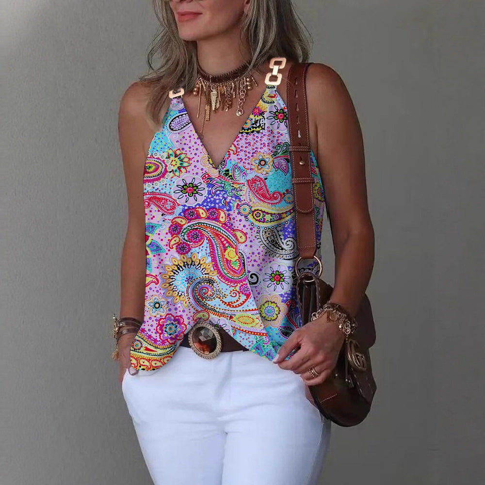 Printed Sleeveless Top with V-Neck and Metal Buckle Straps