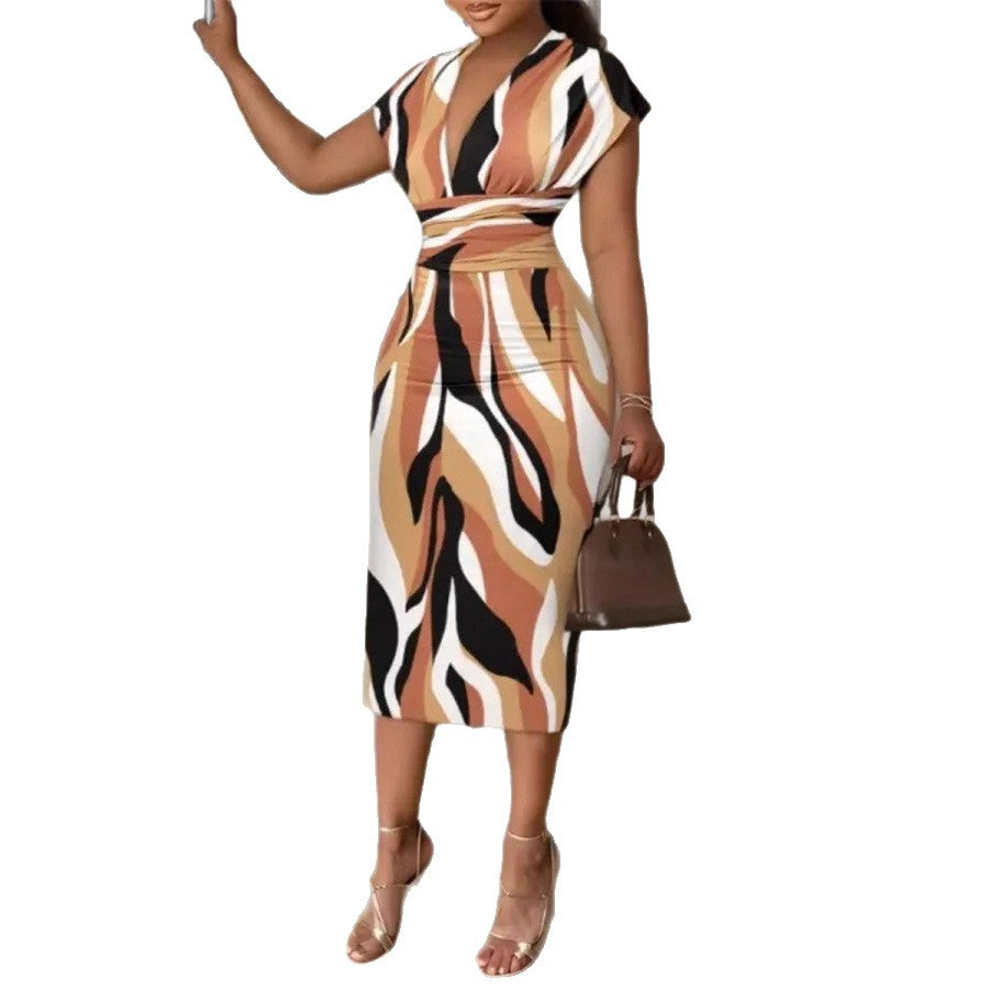 Printed Bodycon Midi Dress with V-Neck and Short Sleeves
