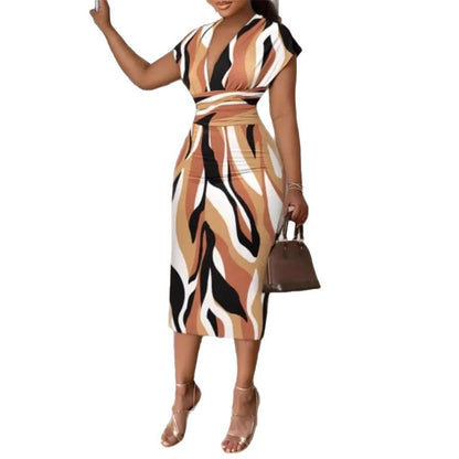 Printed Bodycon Midi Dress with V-Neck and Short Sleeves