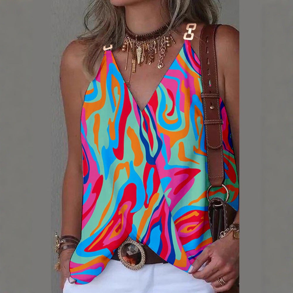 Printed Sleeveless Top with V-Neck and Metal Buckle Straps