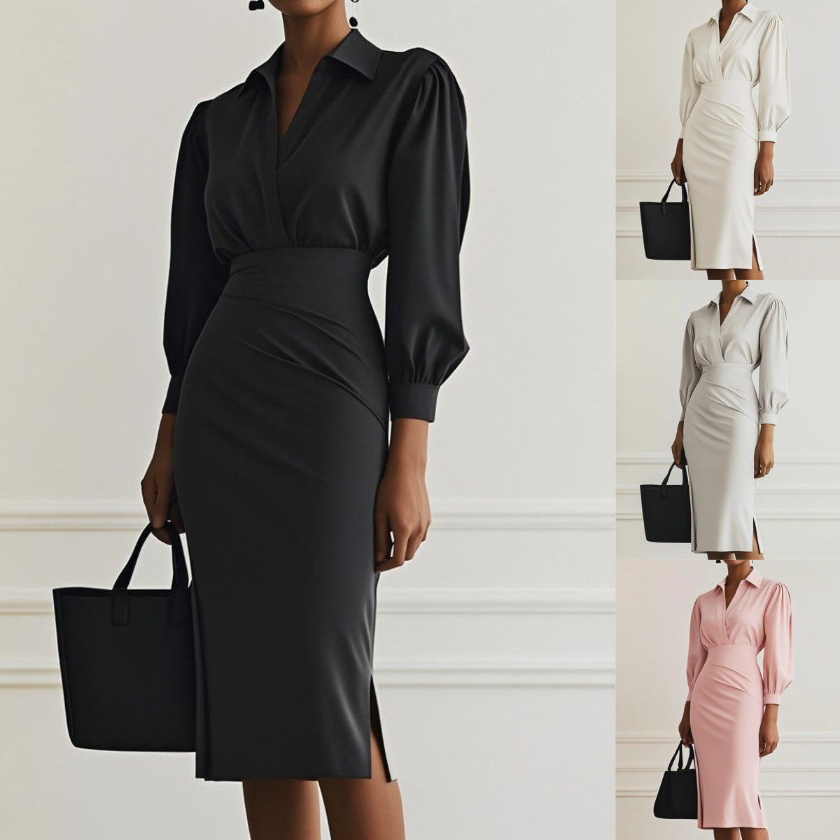 Sheath Midi Dress with V-Neck and Ruched Waist
