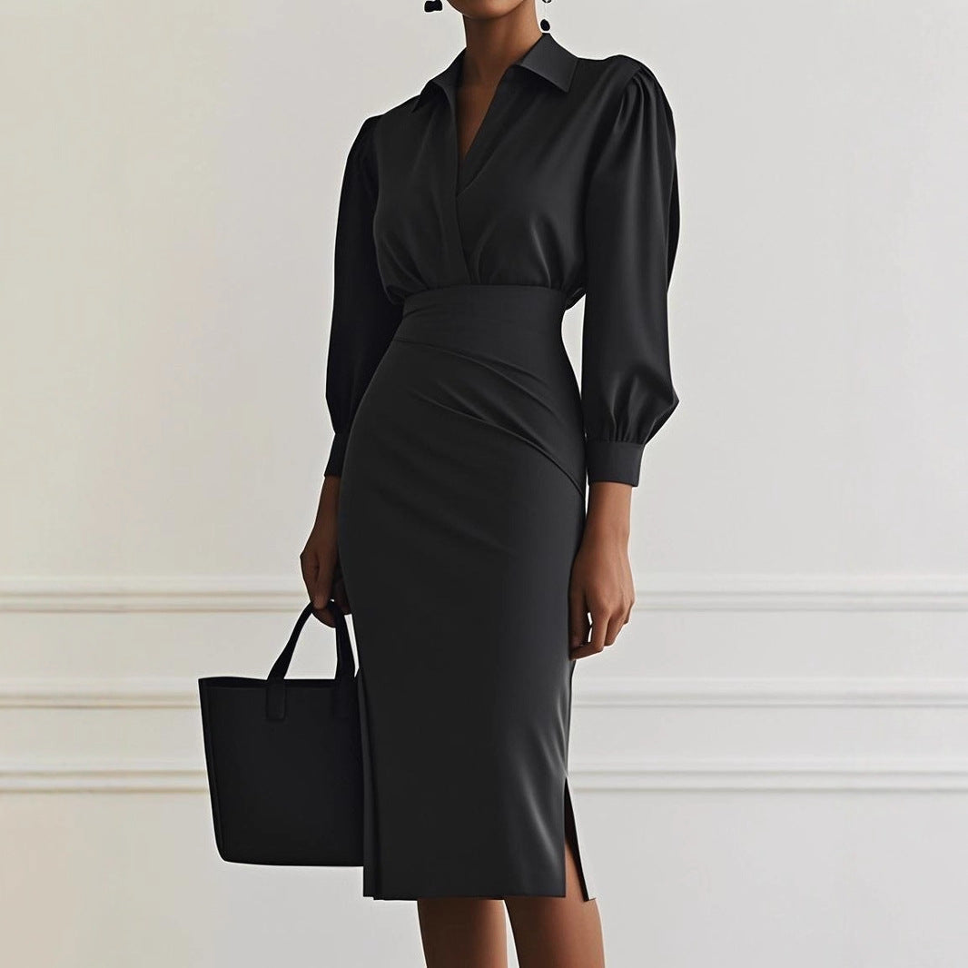 Sheath Midi Dress with V-Neck and Ruched Waist