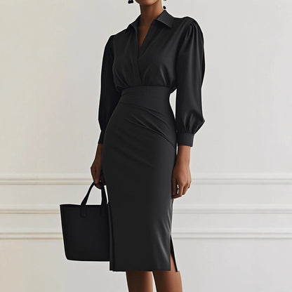 Sheath Midi Dress with V-Neck and Ruched Waist