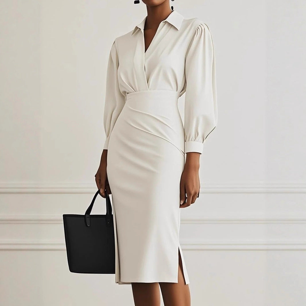 Sheath Midi Dress with V-Neck and Ruched Waist