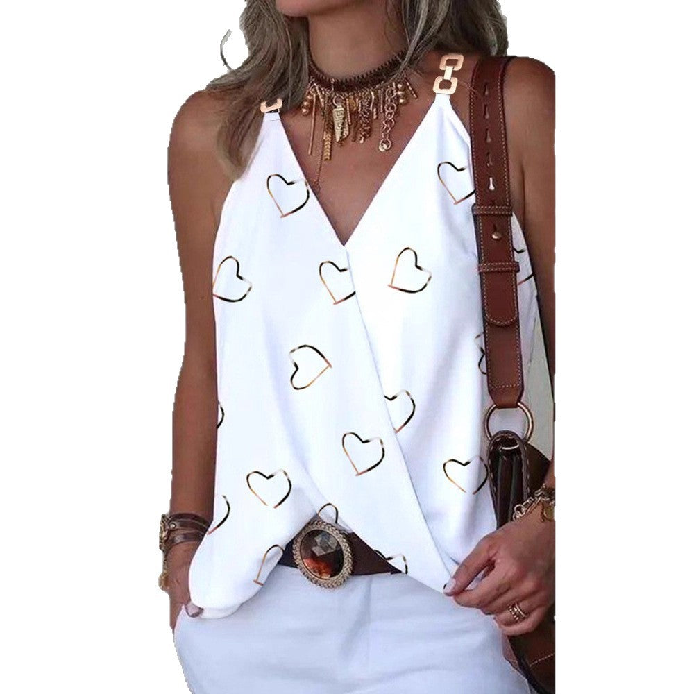 Printed Sleeveless Top with V-Neck and Metal Buckle Straps